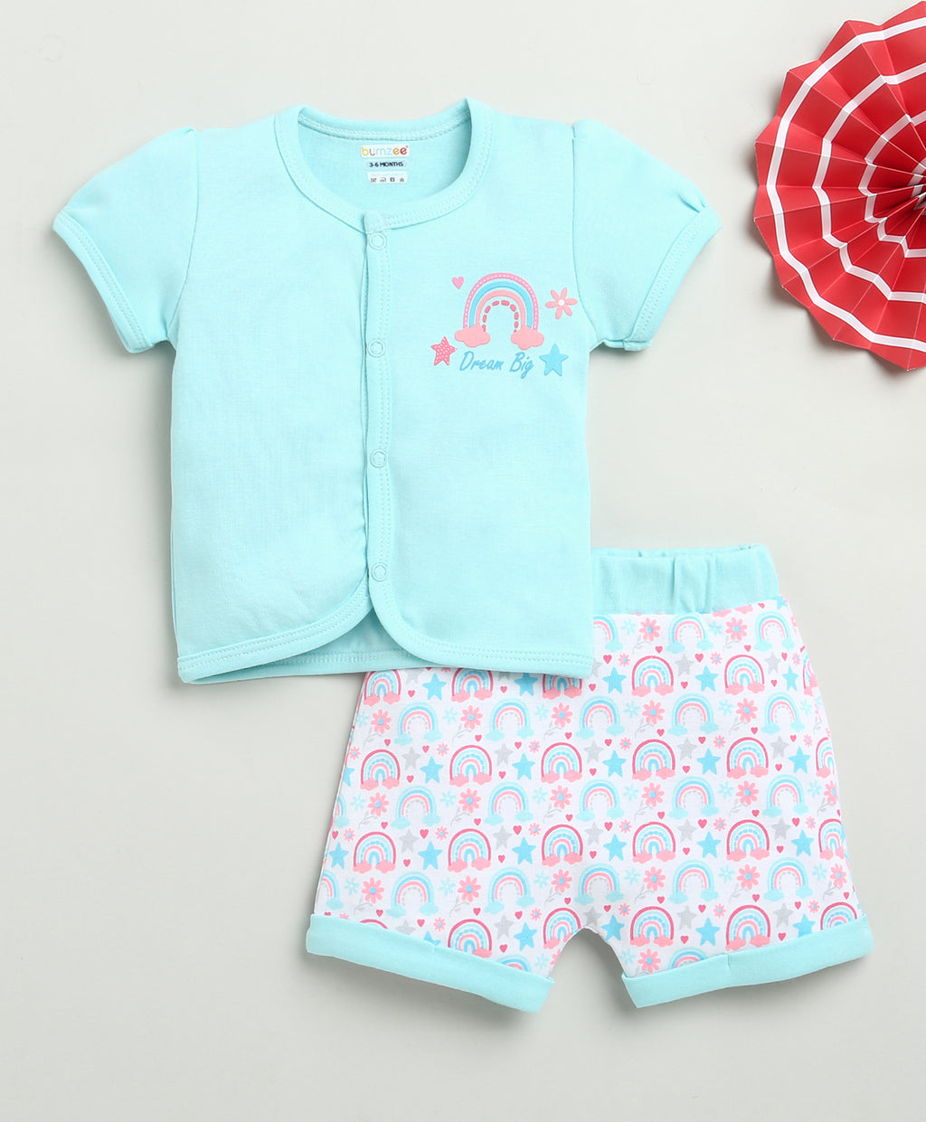 Bumzee Sky Blue & White Graphic Print Jabla & Short Set, Half Sleeves, 100% Cotton