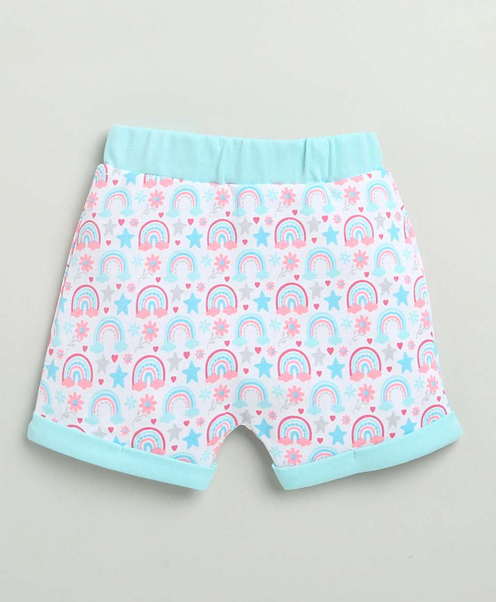 Bumzee Sky Blue & White Graphic Print Jabla & Short Set, Half Sleeves, 100% Cotton