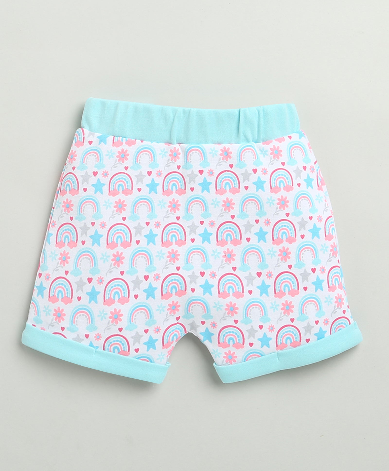 BUMZEE Sky Blue & White Baby Girls Half Sleeves Jabla & Short Set