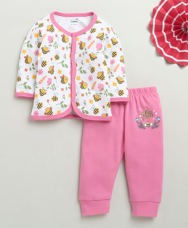 Girls 100% Cotton Floral Jabla & Pyjama Set - White & Pink