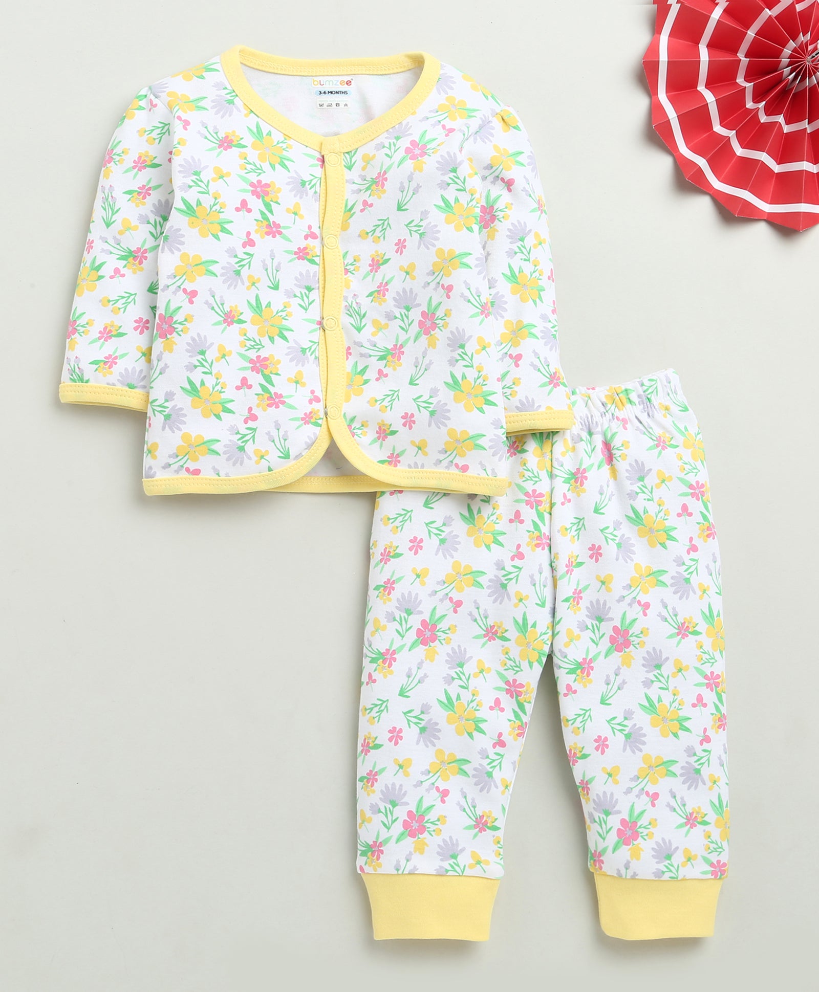 Girls 100% Cotton Floral Jabla & Pyjama Set - White & Yellow