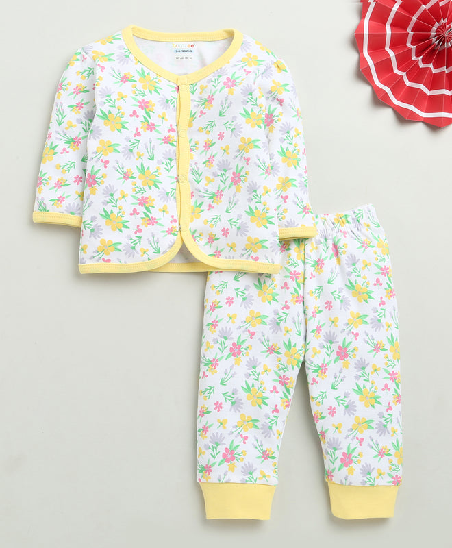 Girls 100% Cotton Floral Jabla & Pyjama Set - White & Yellow