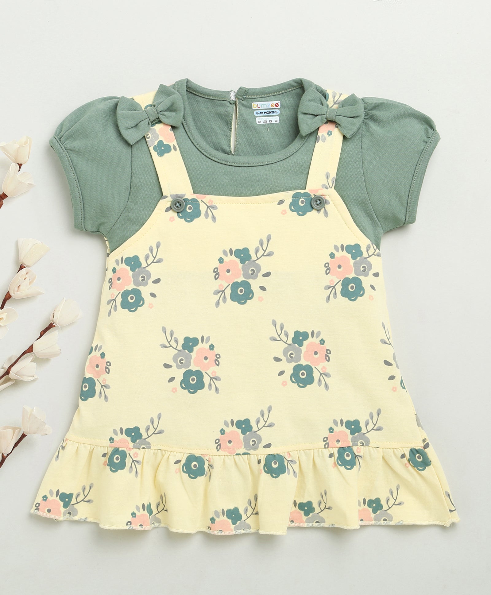 Girls 100% Cotton Floral Frocks - Yellow & Green