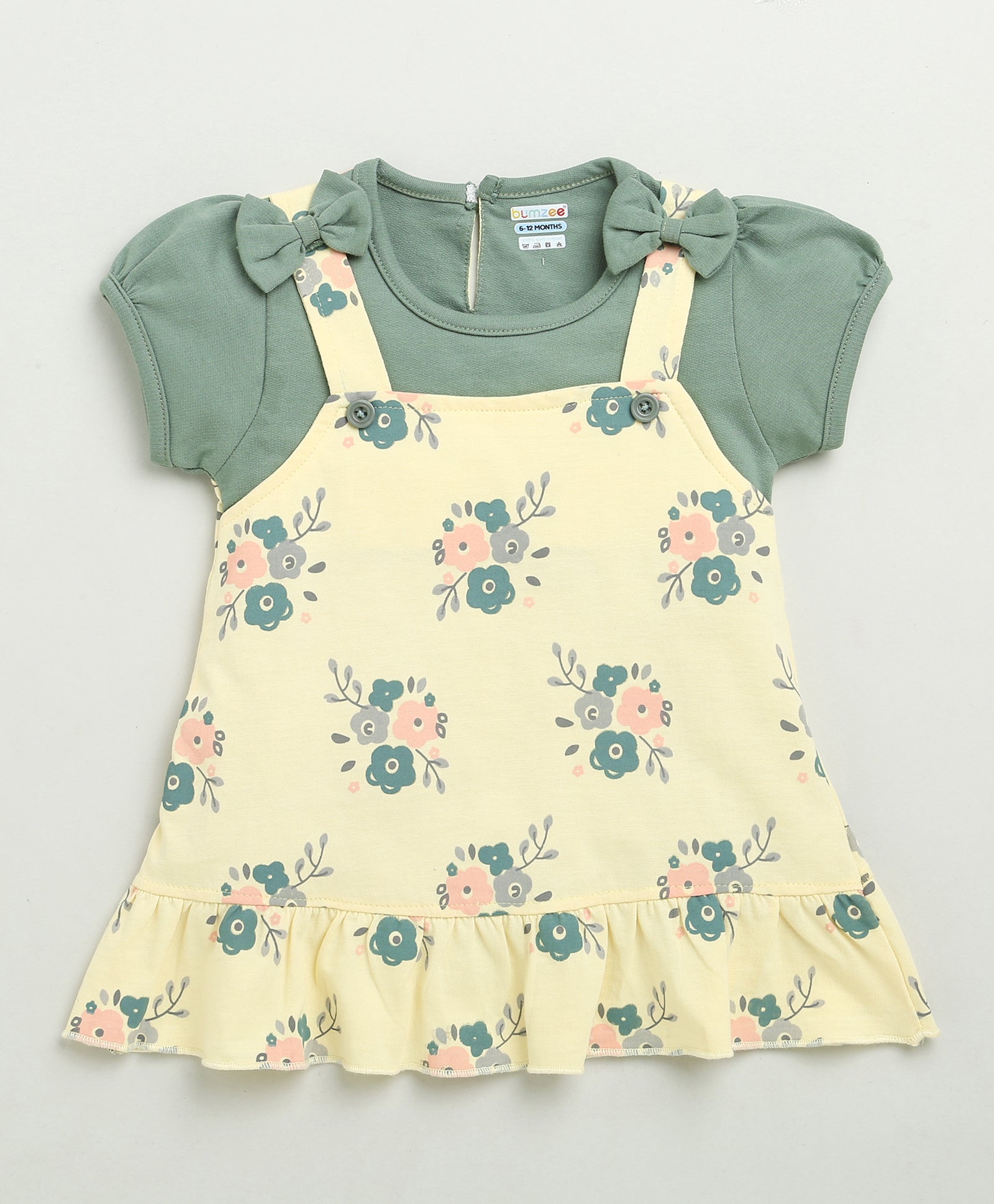 Girls 100% Cotton Floral Frocks - Yellow & Green