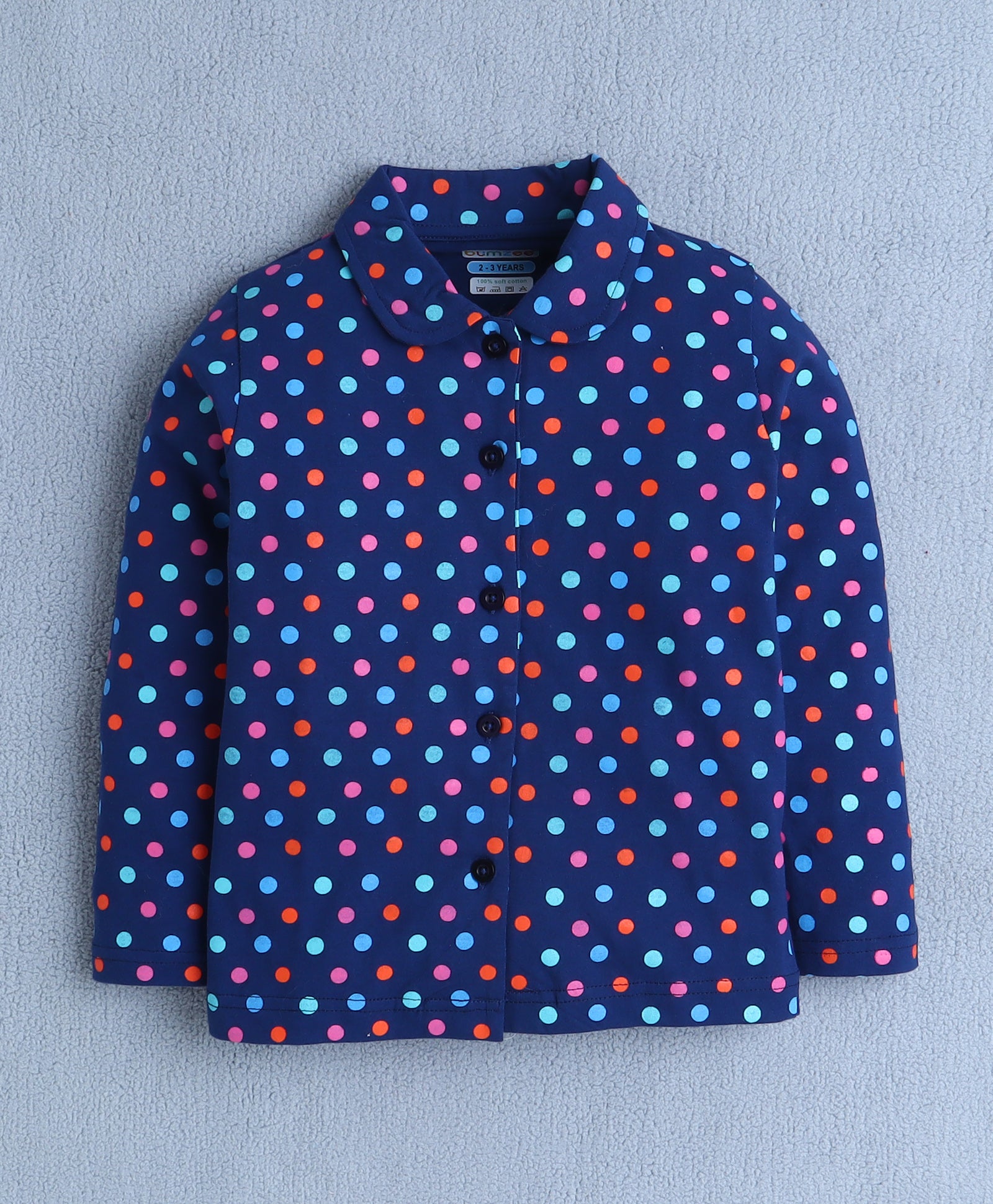 Girls 100% Cotton Polka Dots Nightsuit - Navy