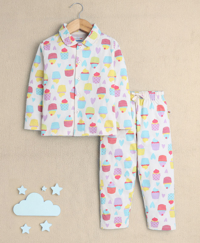 Girls 100% Cotton Cuppy Cake Nightsuit - Beige