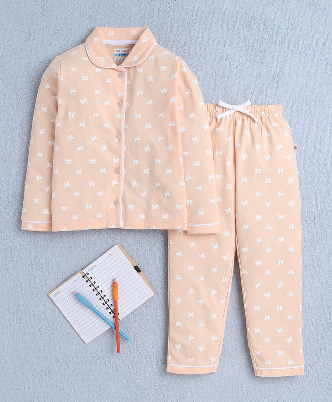 Girls 100% Cotton Bow Tie Nightsuit - Peach