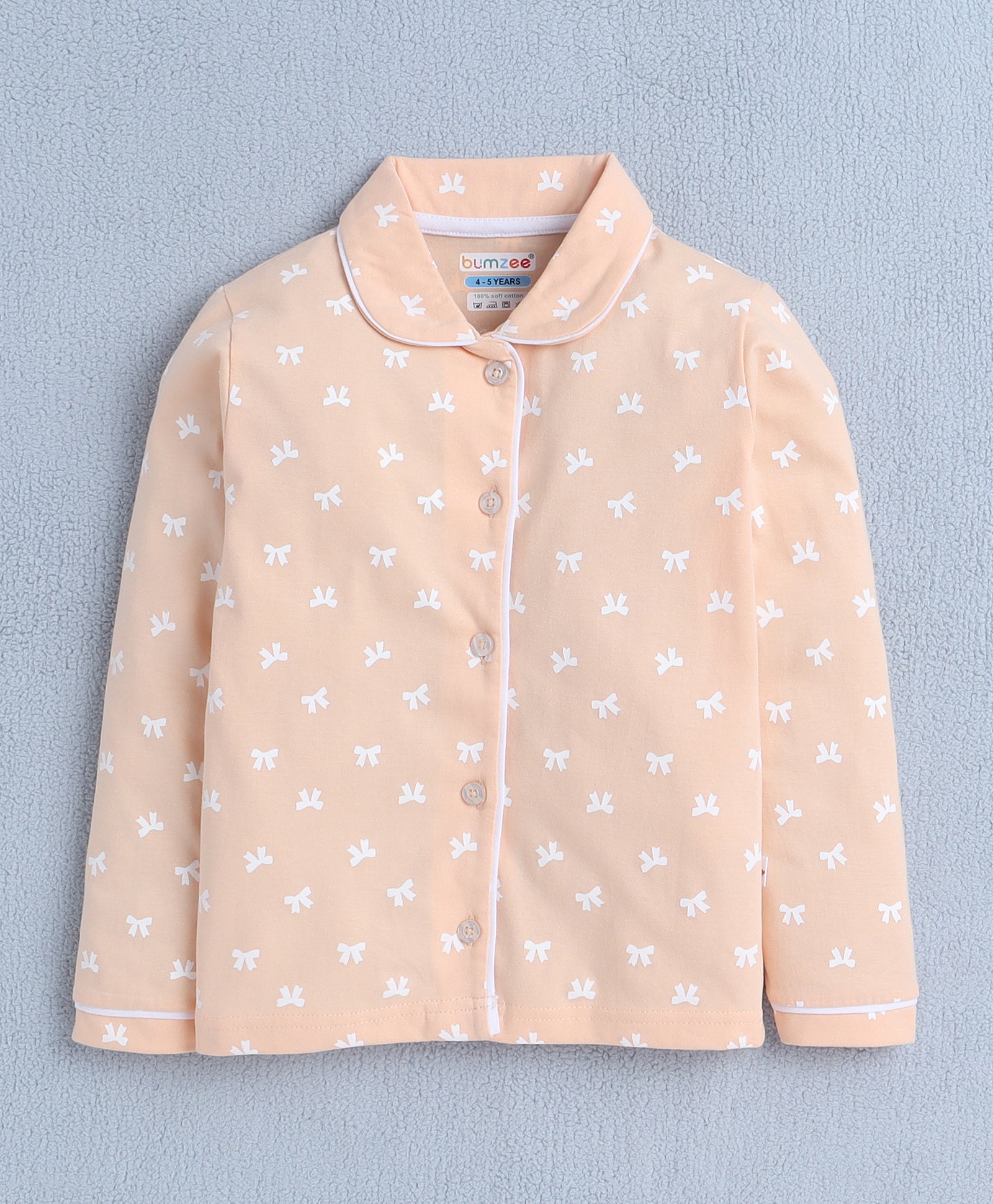 Girls 100% Cotton Bow Tie Nightsuit - Peach