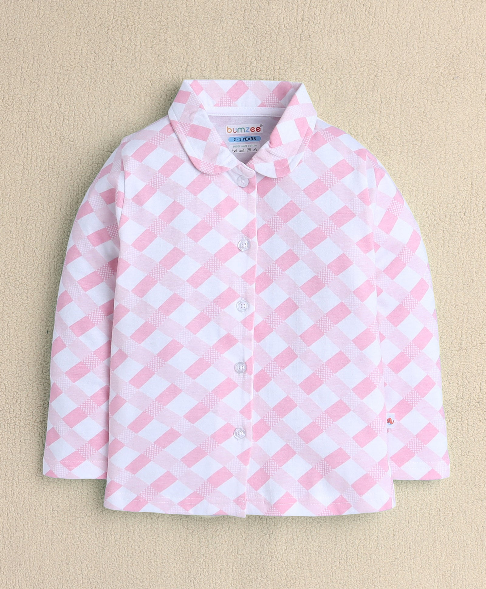 Girls 100% Cotton Checked Nightsuit - White & Pink