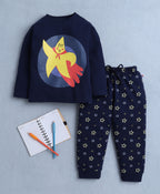 Bumzee Navy Graphic Print T-Shirt & Pyjama Set, Full Sleeves, 100% Cotton (Style Peb10273)