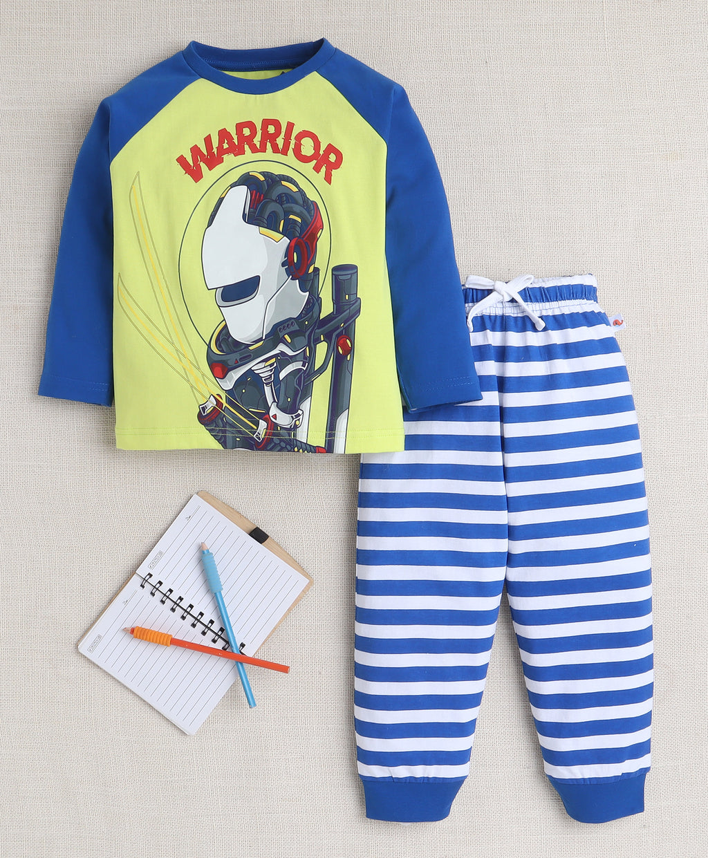 Bumzee Lime Green & Royal Blue Striped T-Shirt & Pyjama Set, Full Sleeves
