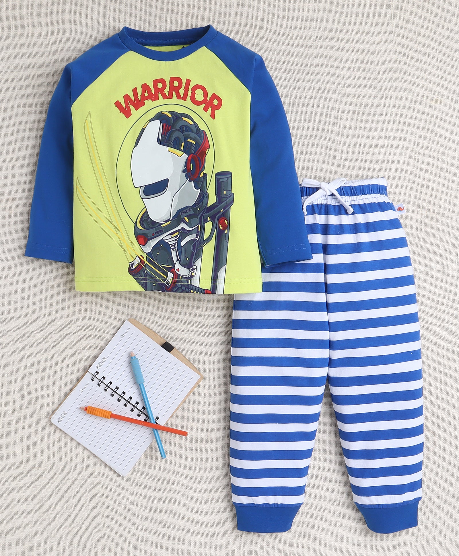 Boys 100% Cotton Striped & Warrior T-Shirt & Pyjama Set - Lime Green & Royal Blu