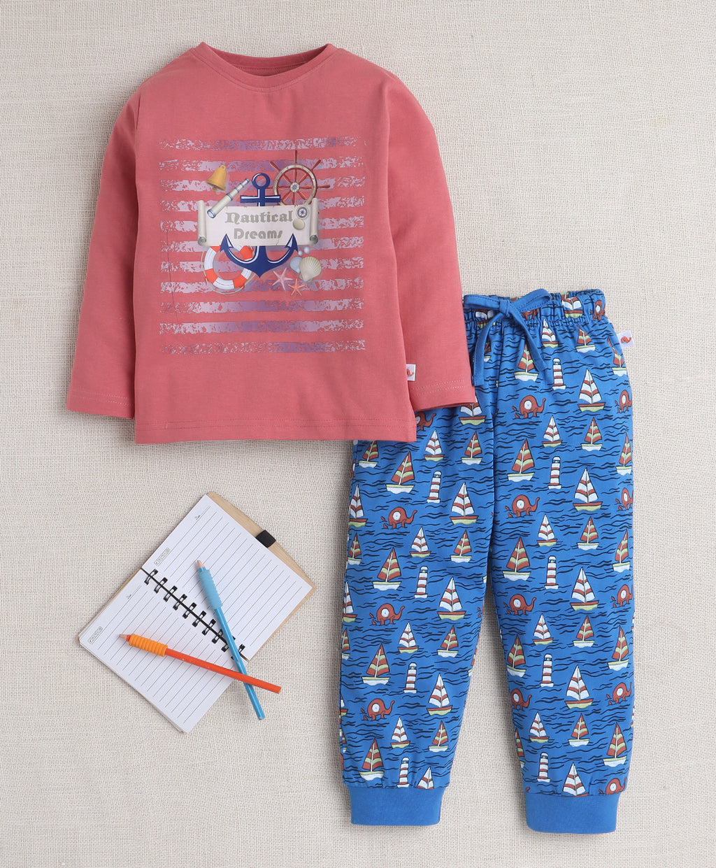 Bumzee Brick Red & Blue Graphic Print T-Shirt & Pyjama Set, Full Sleeves