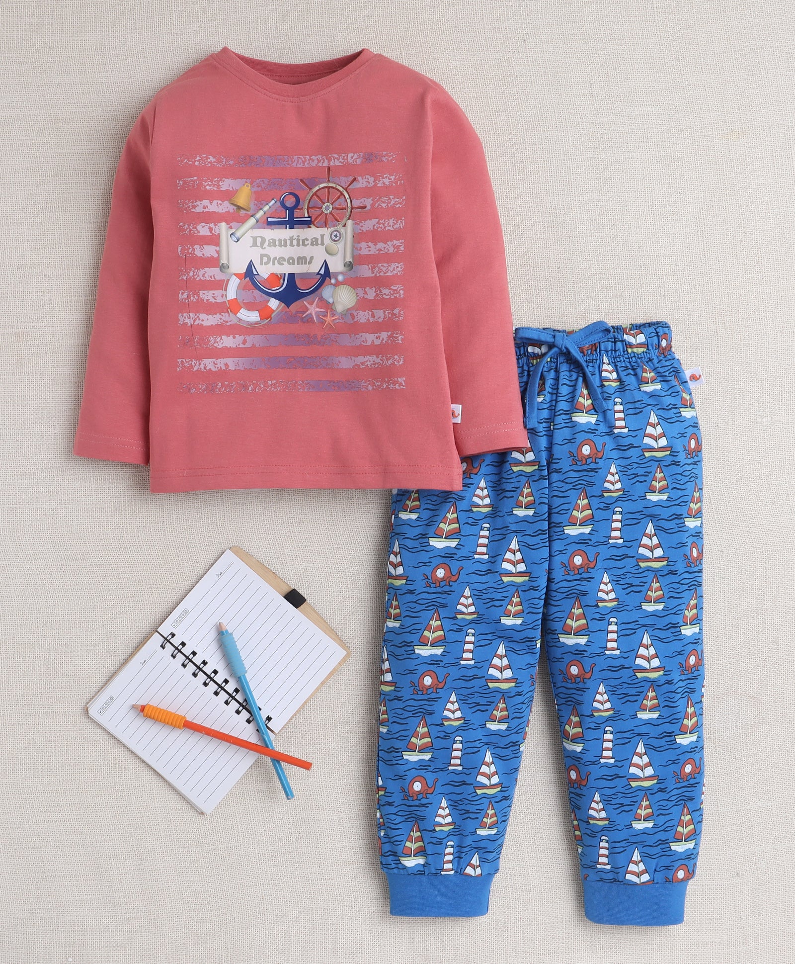Boys 100% Cotton Boat & Anchor Sticker T-Shirt & Pyjama Set - Brick Red & Blue