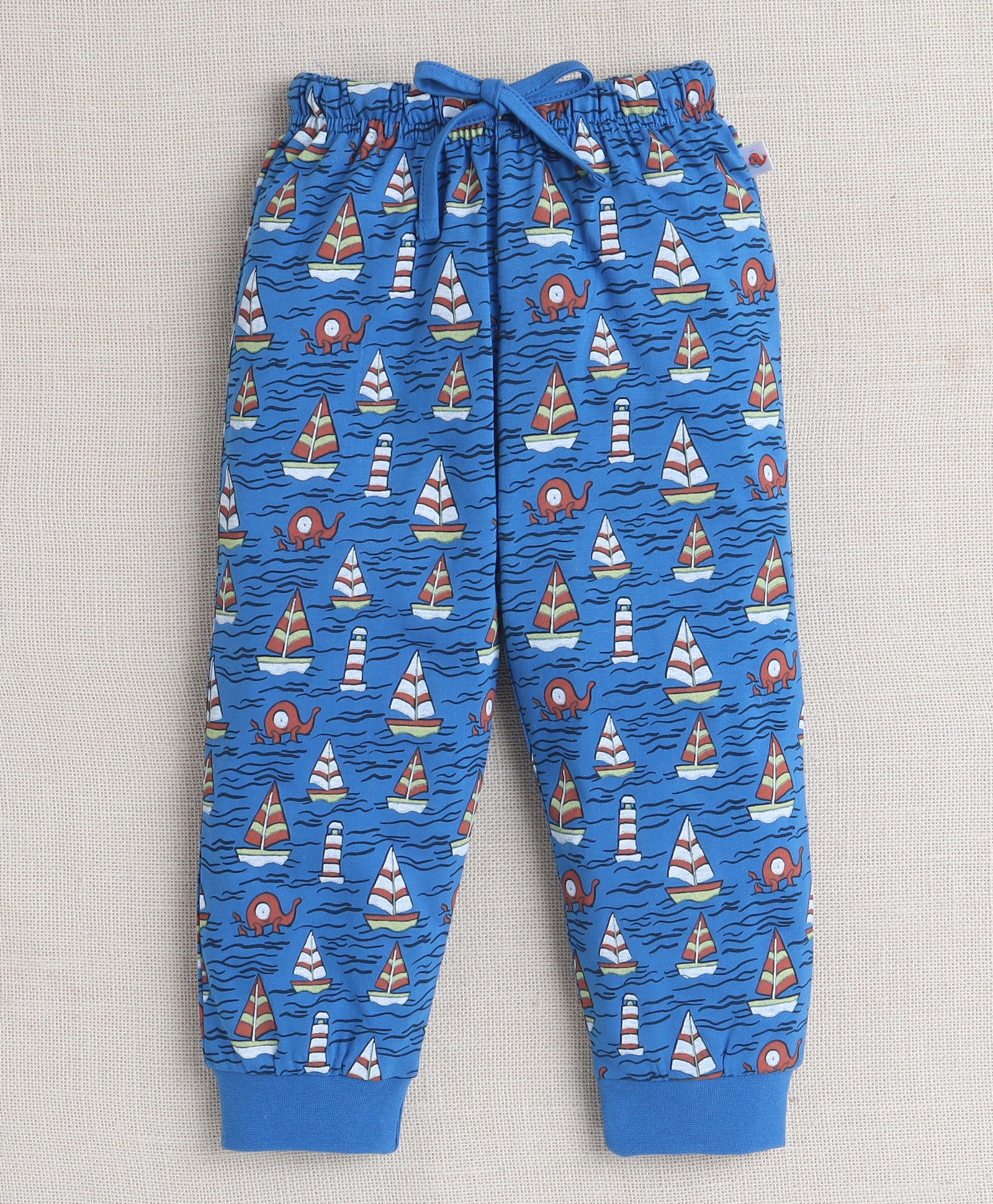 Boys 100% Cotton Boat & Anchor Sticker T-Shirt & Pyjama Set - Brick Red & Blue