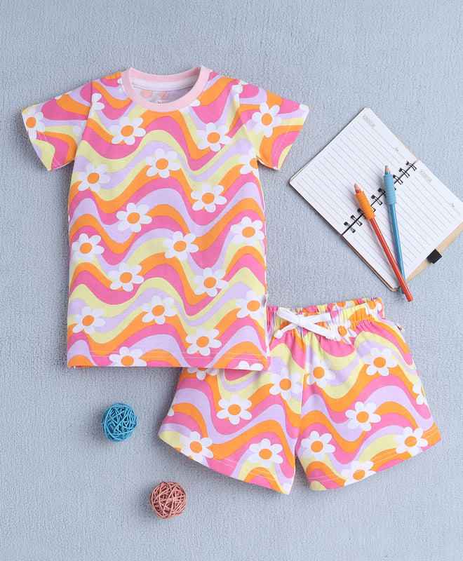 BUMZEE Multi Girls Half Sleeves T-Shirt & Short Set