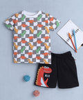 Bumzee White & Black Animal Print T-Shirt & Short Set, Half Sleeves, 100% Cotton