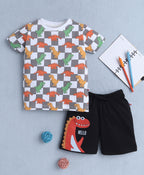 Bumzee White & Black Animal Print T-Shirt & Short Set, Half Sleeves, 100% Cotton