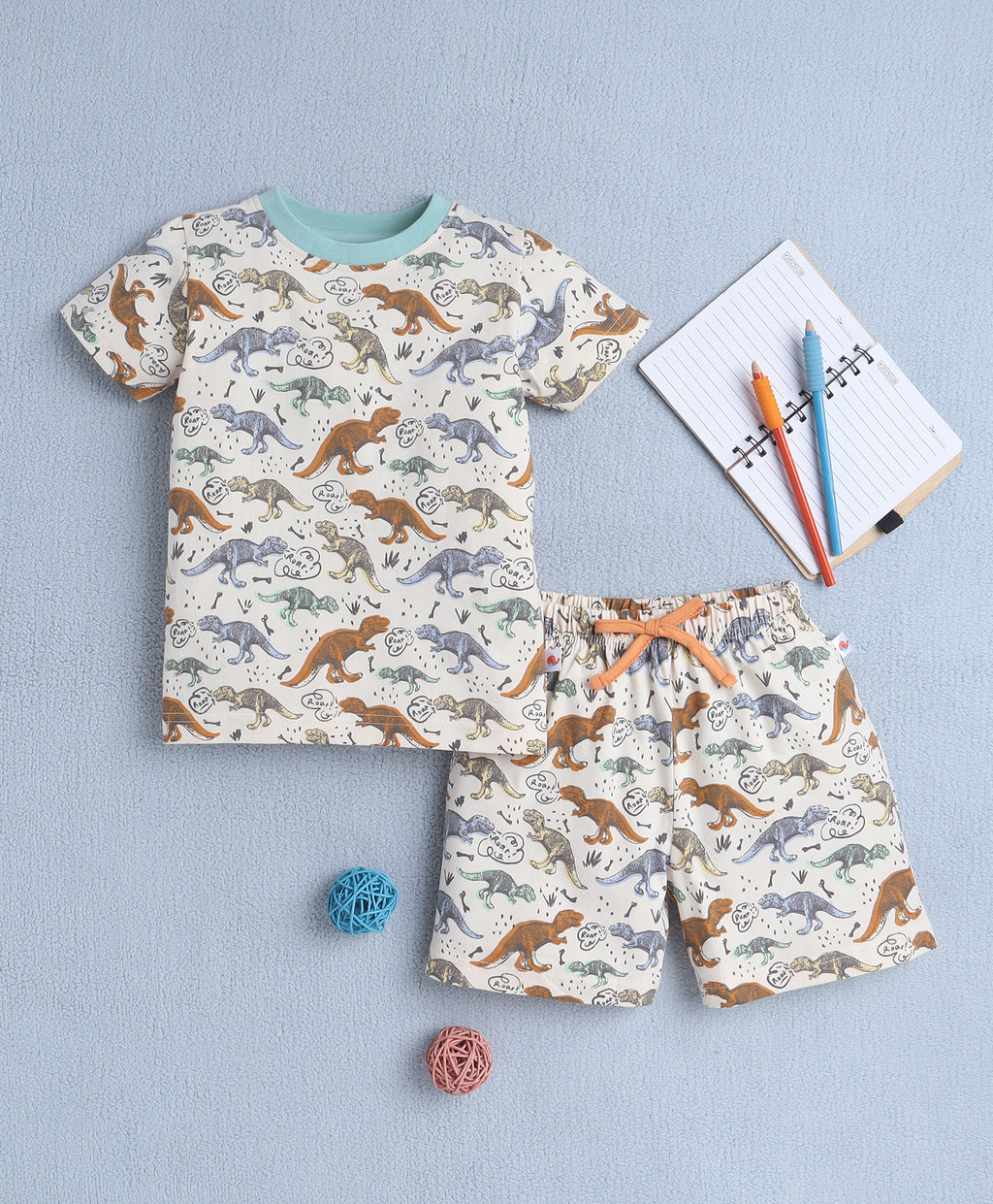 Bumzee Beige Animal Print T-Shirt & Short Set, Half Sleeves, 100% Cotton