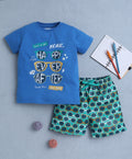 Bumzee Blue & Green Graphic Print T-Shirt & Short Set, Half Sleeves, 100% Cotton