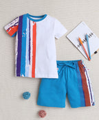 Bumzee White & Blue Graphic Print T-Shirt & Short Set, Half Sleeves, 100% Cotton (Style Peb10314)