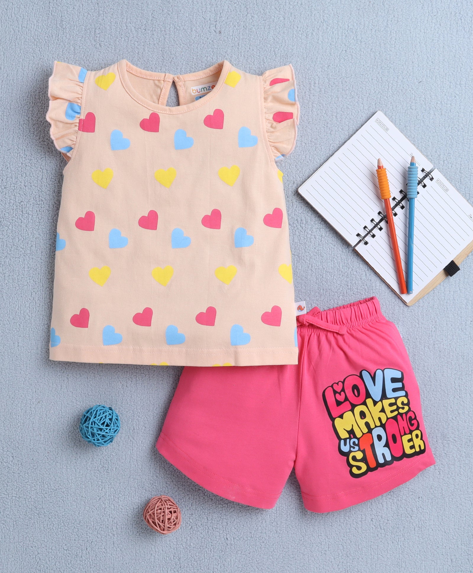 BUMZEE Peach & Pink Girls Sleeveless T-Shirt & Short Set