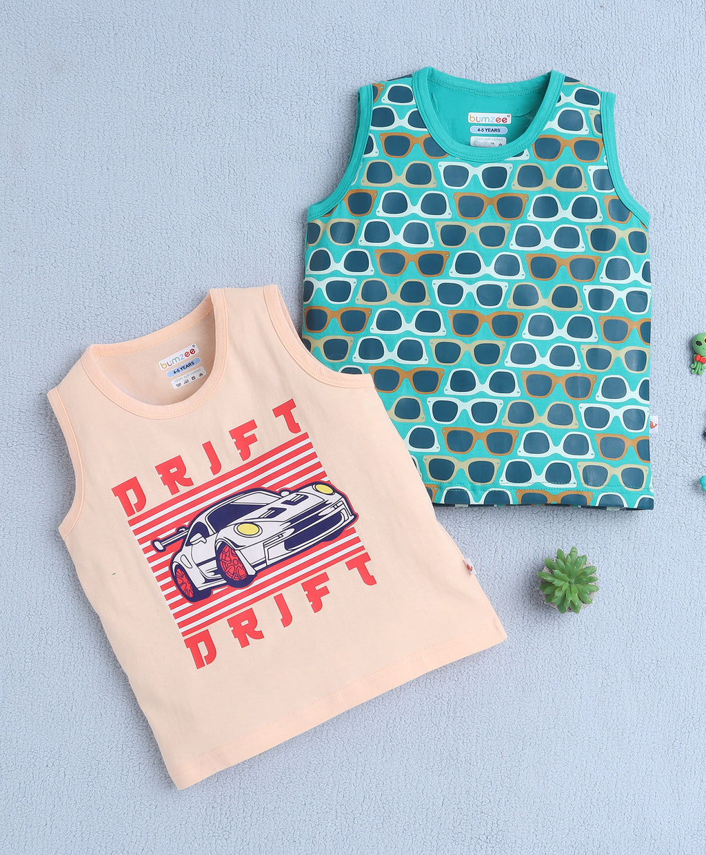 Bumzee Peach & Green Graphic Print T-Shirt, Pack of 2, Sleeveless, 100% Cotton