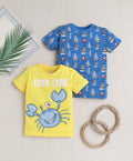 Bumzee Yellow & Blue Animal Print T-Shirt, Pack of 2, Half Sleeves, 100% Cotton (Style Peb10326)