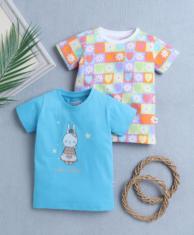 BUMZEE Blue & Multi Girls Half Sleeves T-Shirt Pack Of 2