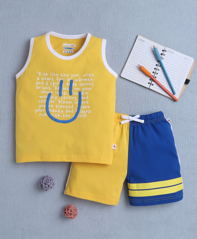 BUMZEE Yellow & Royal Blue Boys Sleeveless T-Shirt & Short Set