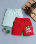 Bumzee Red & Pista Green Graphic Print Shorts, Pack of 2, 100% Cotton