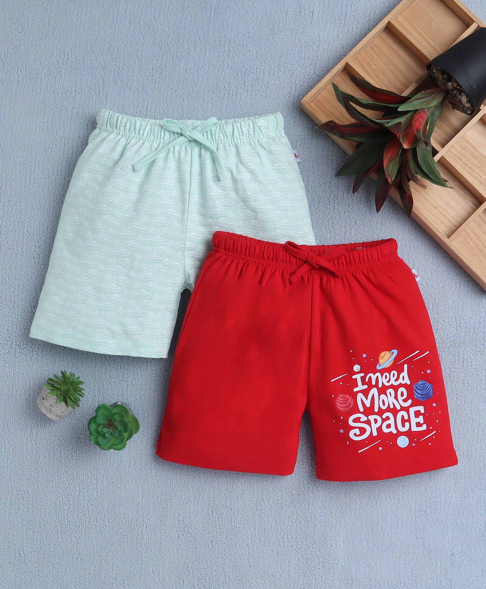 BUMZEE Red & Pista Green Boys Shorts Pack Of 2