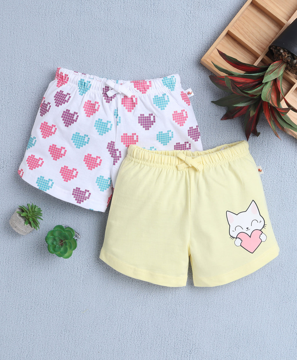 Bumzee Yellow & White Graphic Print Shorts, Pack of 2, 100% Cotton