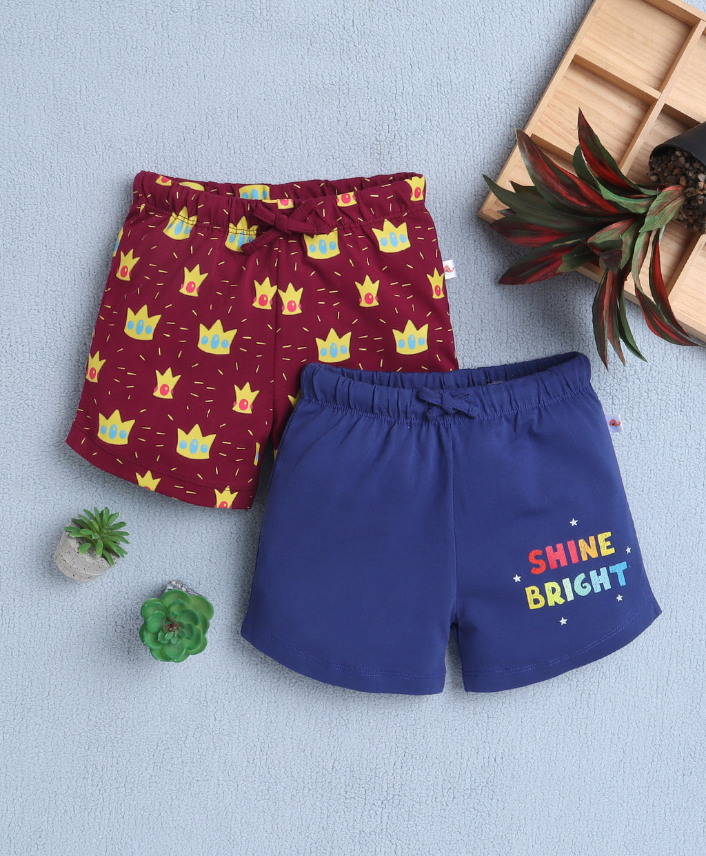 Bumzee Indigo & Magenta Graphic Print Shorts, Pack of 2, 100% Cotton
