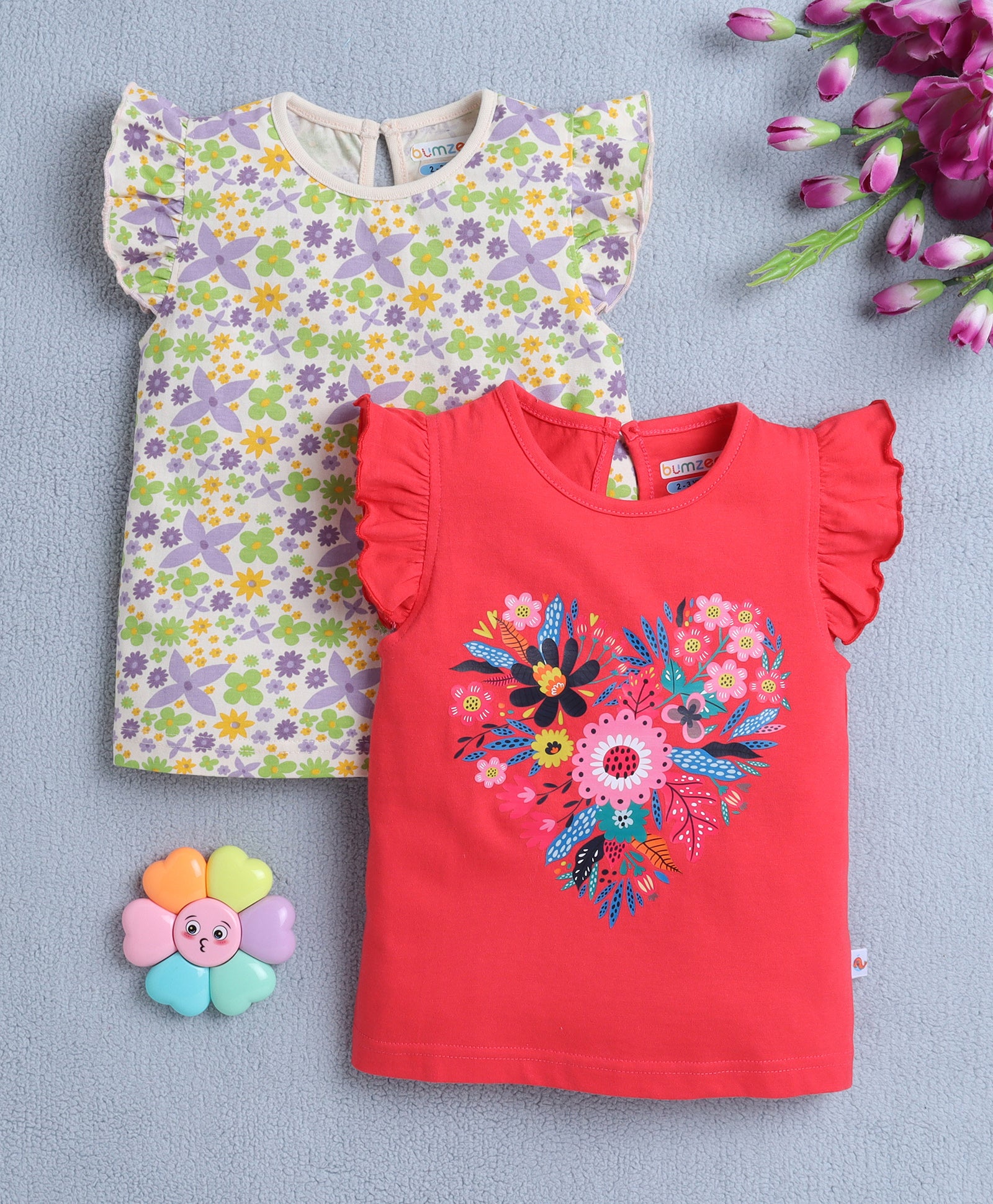 BUMZEE Red & Beige Girls Sleeveless T-Shirt Pack Of 2