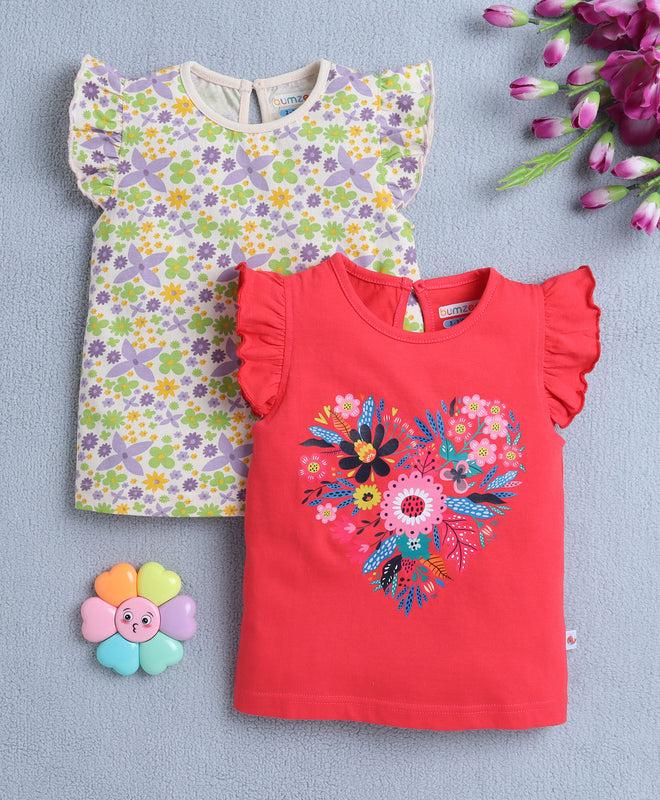 BUMZEE Red & Beige Girls Sleeveless T-Shirt Pack Of 2