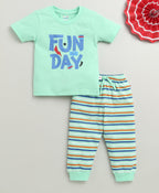 Bumzee Mint Green Striped T-Shirt & Pyjama Set, Half Sleeves, 100% Cotton