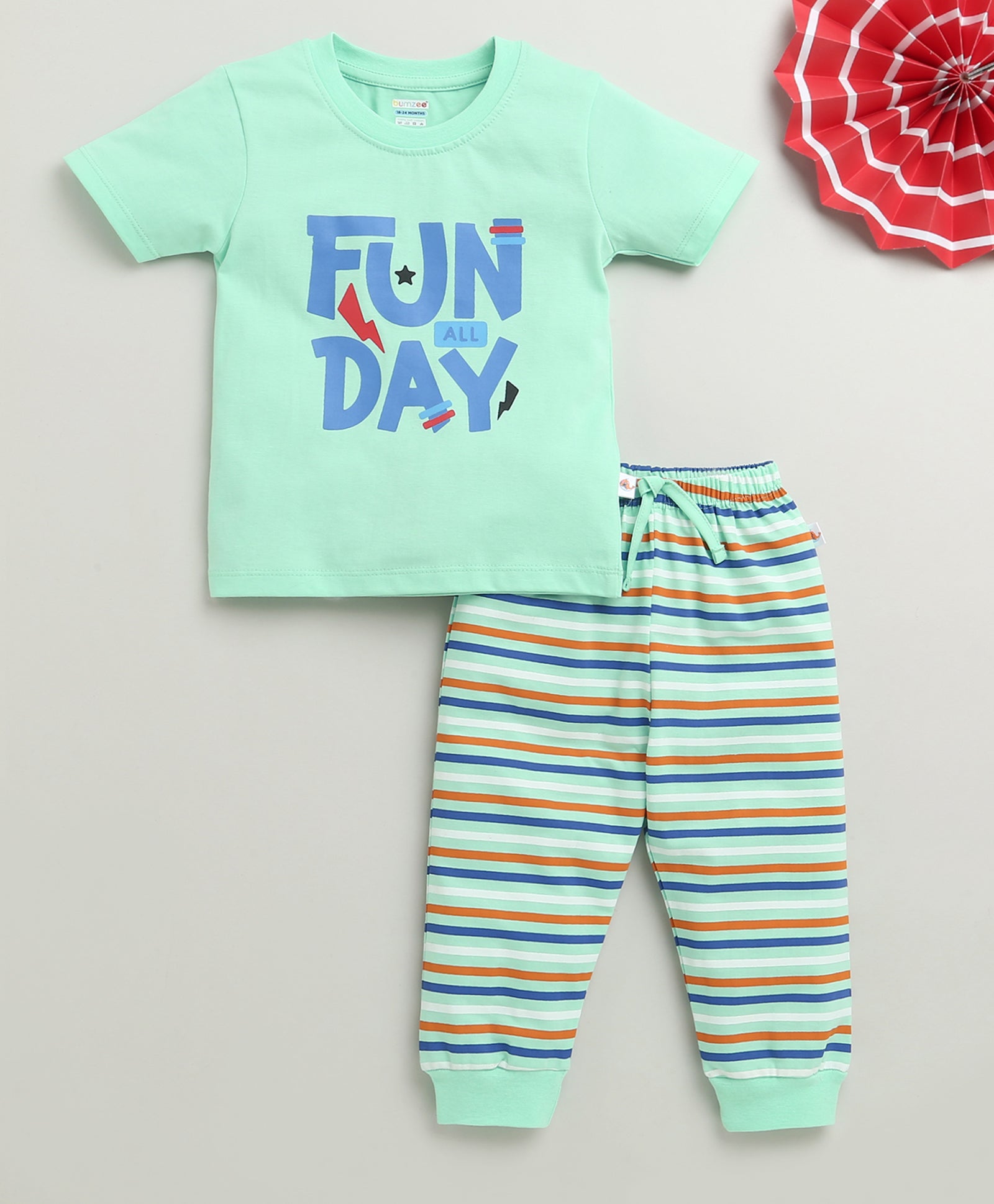 Boys 100% Cotton Stripes T-Shirt & Pyjama Set - Mint Green