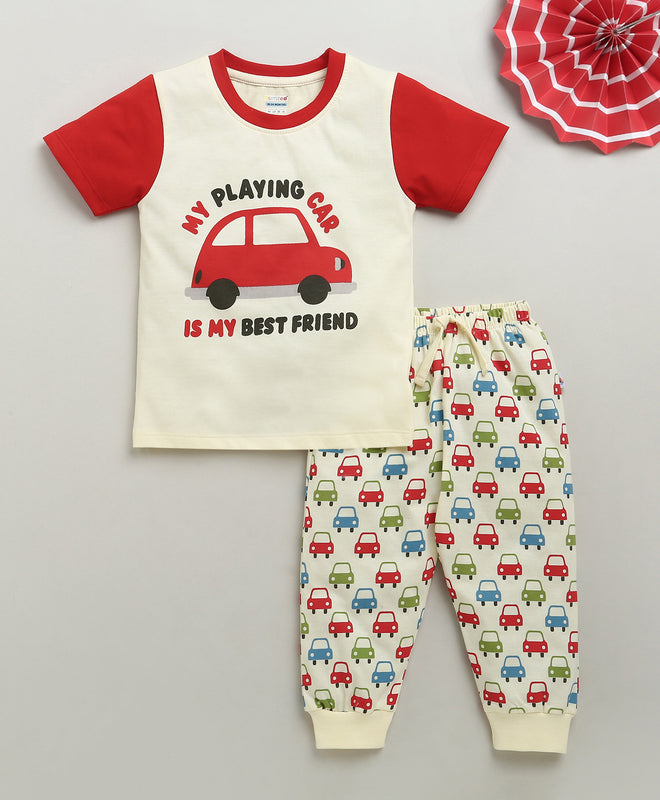 Boys 100% Cotton Graphic T-Shirt & Pyjama Set - Cream