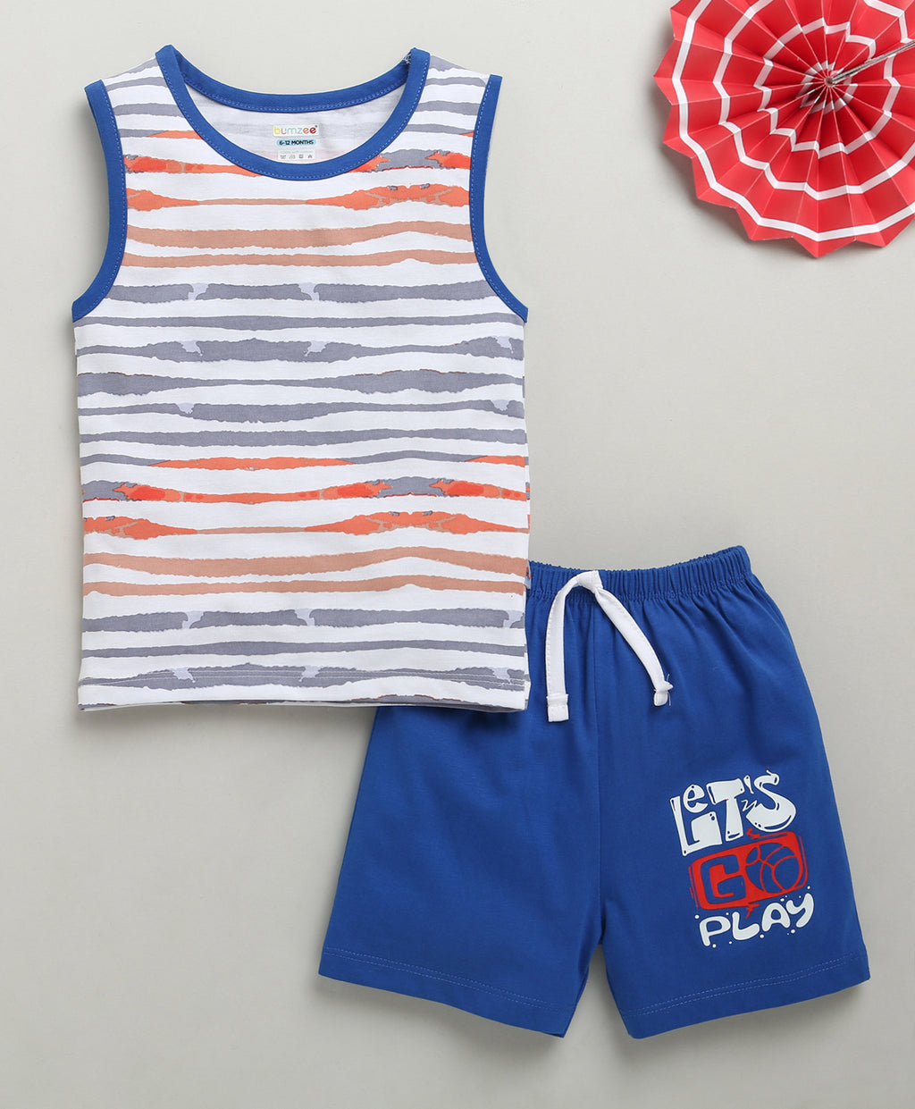 Bumzee White & Royal Blue Striped T-Shirt & Short Set, Sleeveless, 100% Cotton (Style Peb10334)