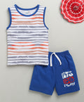 Bumzee White & Royal Blue Striped T-Shirt & Short Set, Sleeveless, 100% Cotton (Style Peb10334)