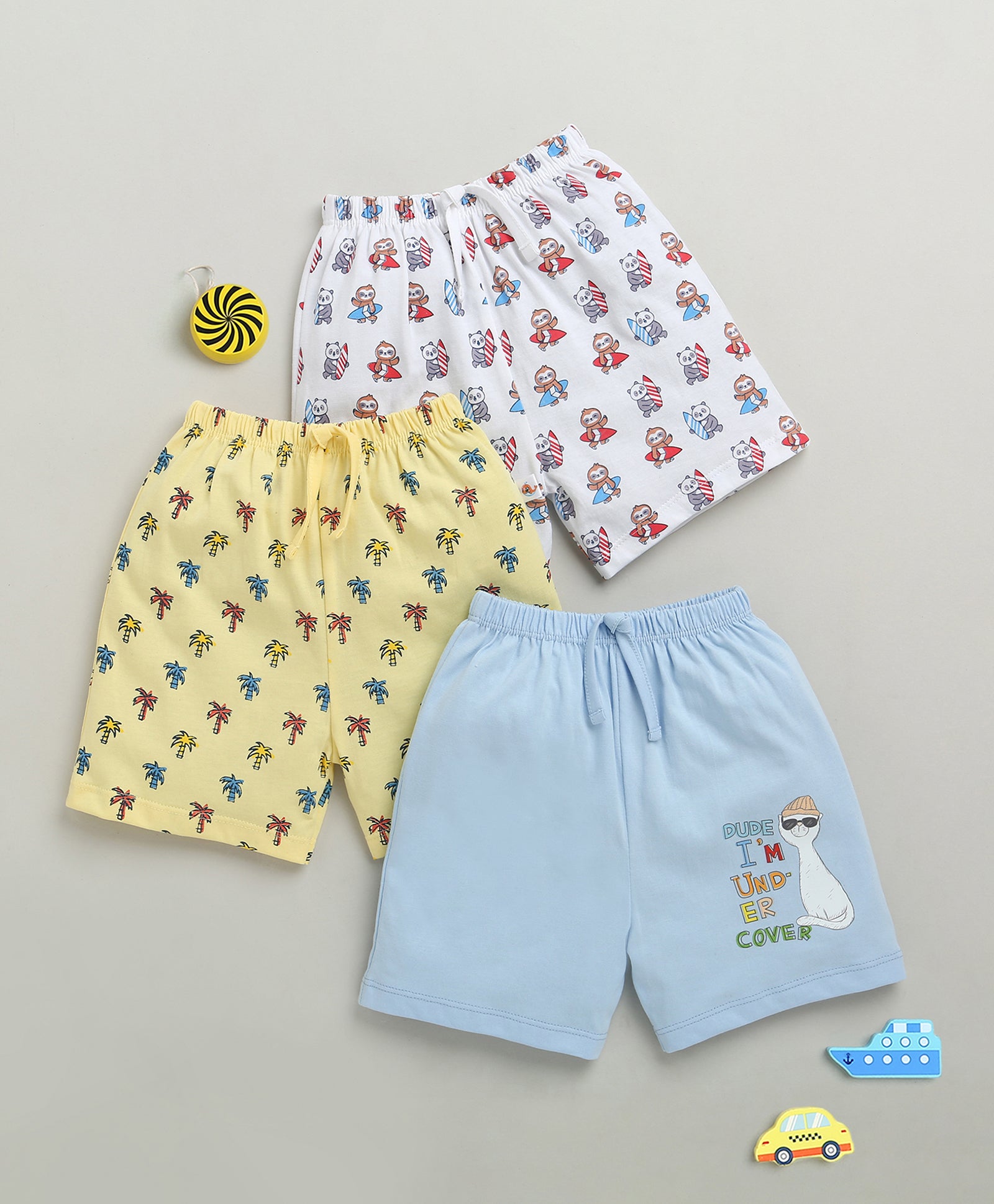 BUMZEE Sky Blue & Yellow Boys Shorts Pack Of 3