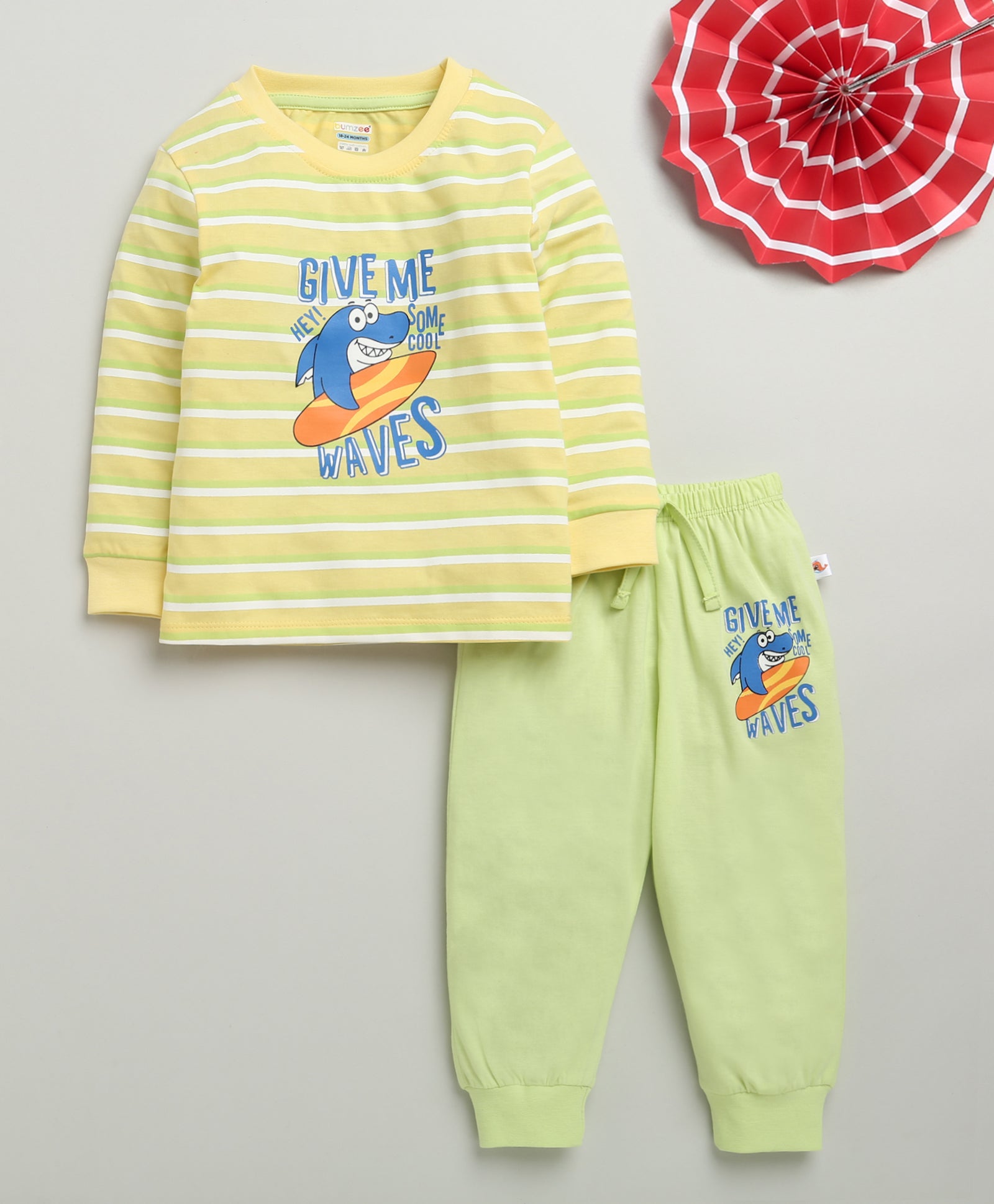 Boys 100% Cotton Stripes T-Shirt & Pyjama Set - Yellow & Lime Green