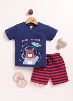 Bumzee Navy & Red Animal Print T-Shirt & Short Set, Half Sleeves, 100% Cotton