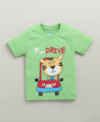 Bumzee Green & White Graphic Print T-Shirt & Short Set, Half Sleeves, 100% Cotton