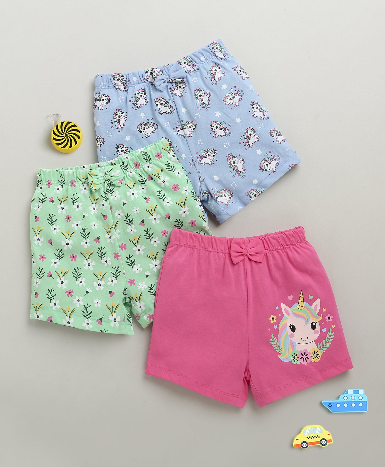 BUMZEE Green & Pink Girls Shorts Pack Of 3