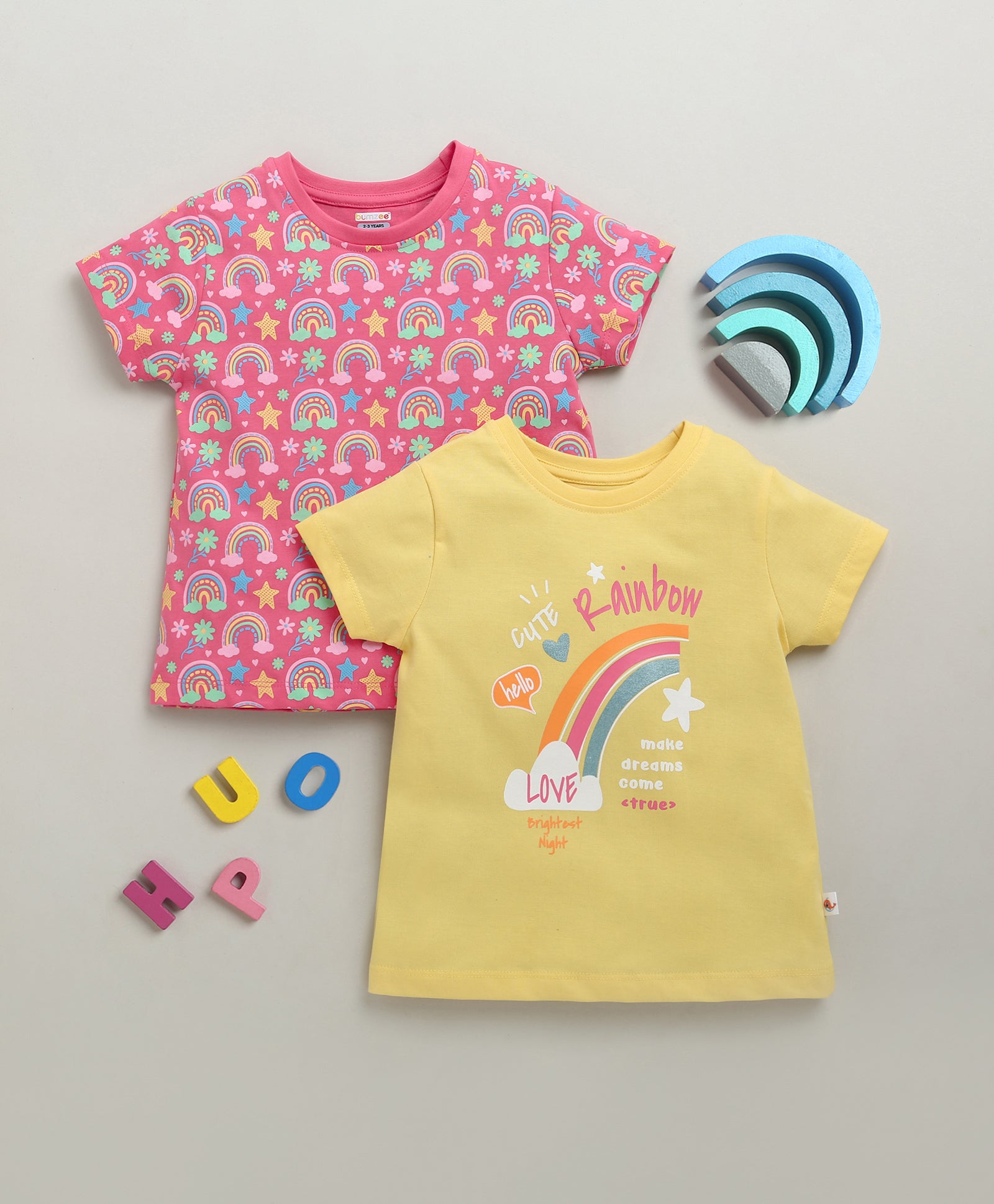 BUMZEE Pink & Yellow Girls Half Sleeves Cotton T-Shirts Pack Of 2