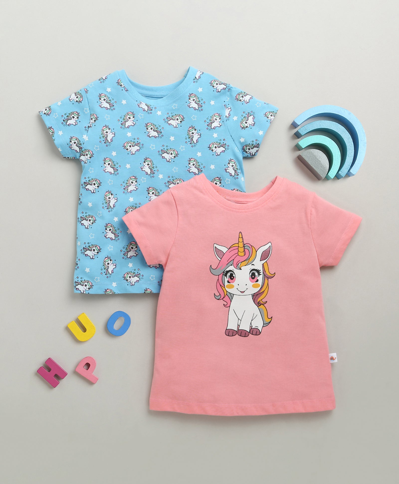 BUMZEE Blue & Pink Girls Half Sleeves Cotton T-Shirts Pack Of 2
