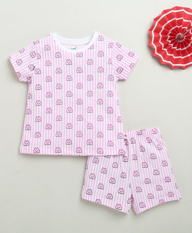 Girls 100% Cotton Animal T-Shirt & Short Set - White & Pink