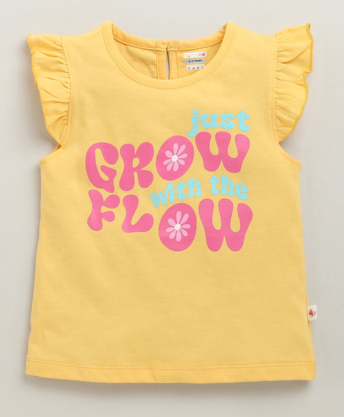 Girls 100% Cotton Floral & Text T-Shirt & Short Set - Mint & Yellow